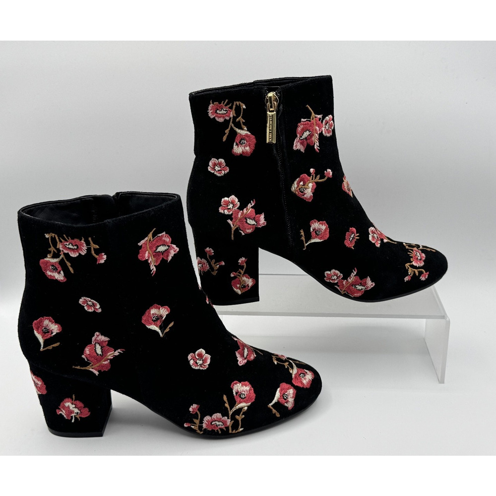 Karl Lagerfeld Womens Black Suede Heel Embroidered Rose, Ankle Boots Booties 6.5